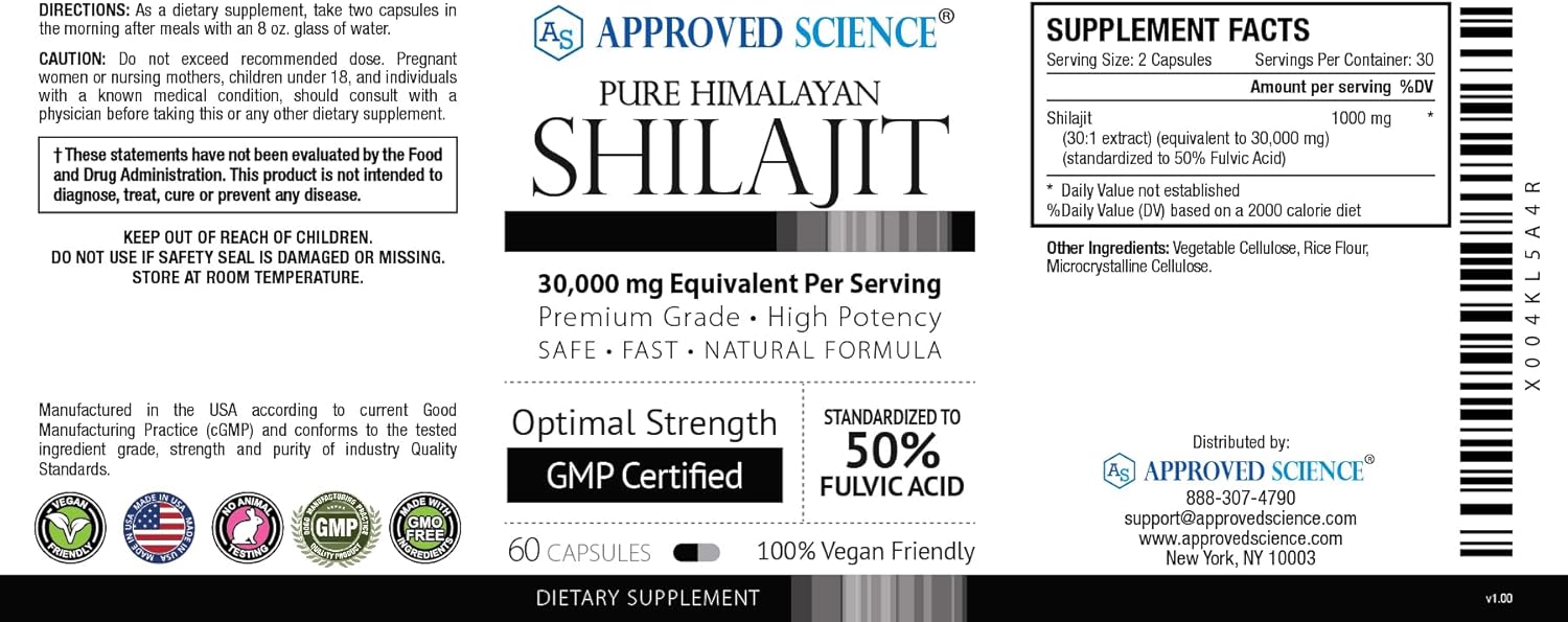Approved Science Pure Himalayan Shilajit - 50% Fulvic Acid - 30:1 Extract (Equivalent To 30,000Mg) - 60 Vegan Capsules - High-Potency Supplement : Health & Household