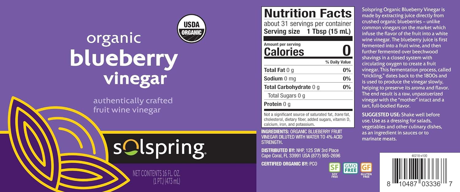 Dr. Mercola Solspring Organic Blueberry Vinegar, 2 Bottle (16 Fl. Oz.), Tart, Full-Bodied Flavor, non GMO, Soy Free, Gluten Free, USDA Organic : Grocery & Gourmet Food