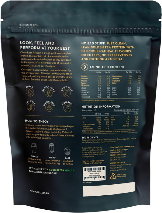 Vegan Protein Powders By Nuzest - Clean Lean Protein - Wild Strawberry - Plant Based Pea Protein Shake - Low Calorie & Low Carb - Gluten Free - Dairy Free - 25G X 10 (10 Servings)