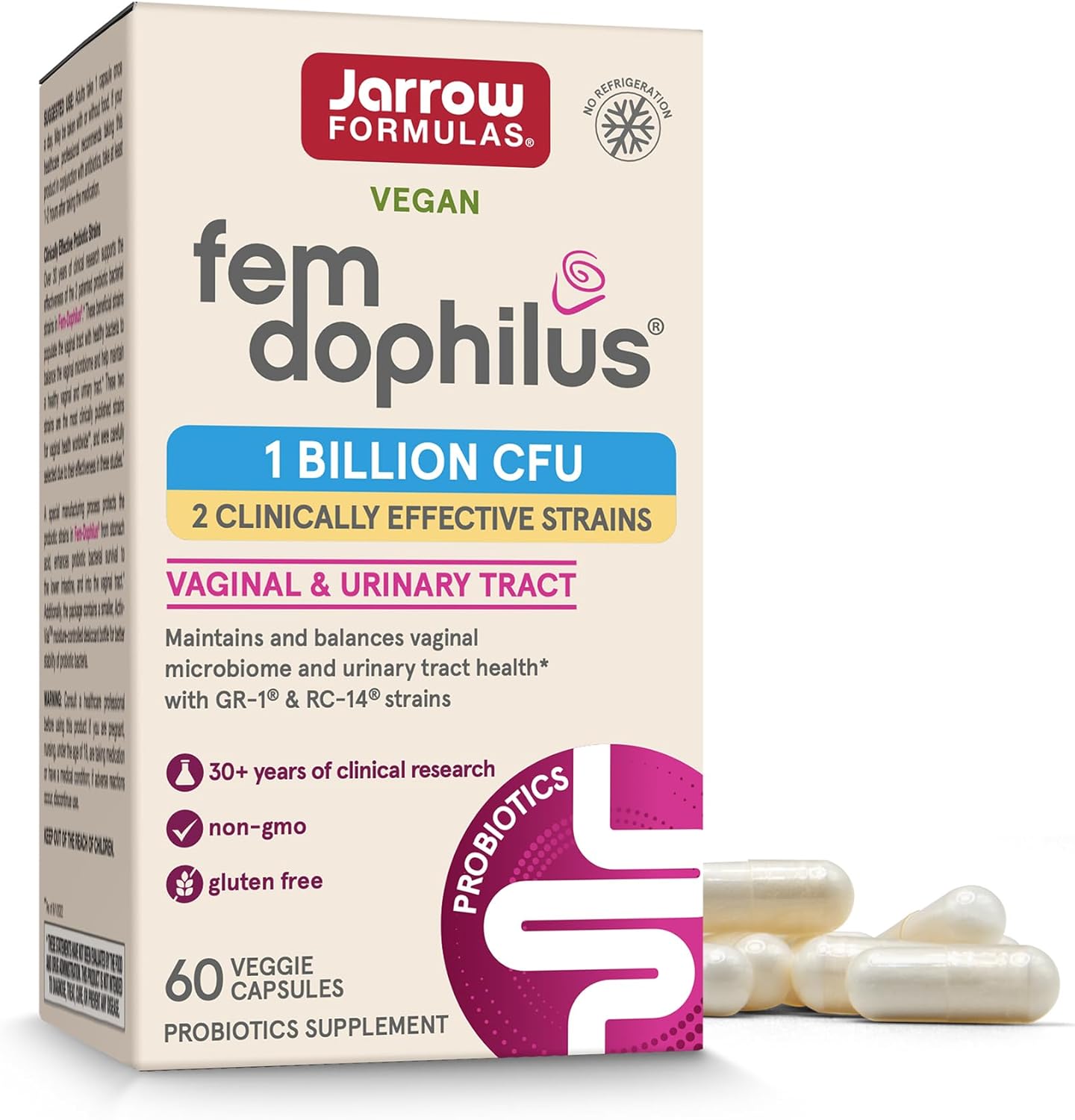 Jarrow Formulas Fem-Dophilus Probiotics 1 Billion Cfu With 2 Clinically Effective Strains, Dietary Supplement For Vaginal Health And Urinary Tract Health, 60 Veggie Capsules, 60 Day Supply