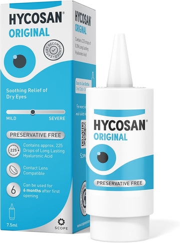 Hycosan Original - Twin Pack - Eye Drops With Hyaluronic Acid For Treatment And Rapid Relief Of Mild To Moderate Dry Eyes - Preservative Free - 2 X 225 Measured Doses
