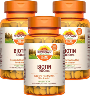 Sundown Biotin 1000mcg, Supports Healthy Hair, Skin and Nails, 120 Tablets (Pack of 3)