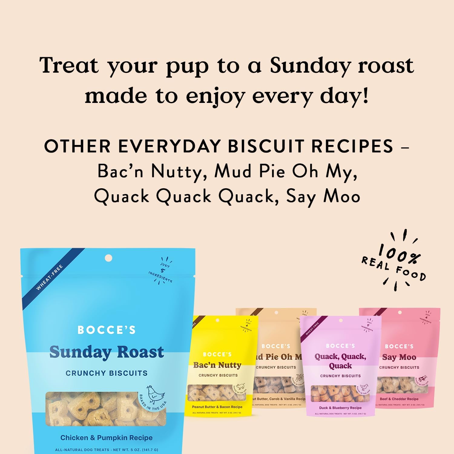 Bocce's Bakery Oven Baked Sunday Roast Treats for Dogs, Everyday Wheat-Free Dog Treats, Made with Real Ingredients, Baked in The USA, All-Natural Chicken & Pumpkin Biscuits, 5 oz : Pet Supplies