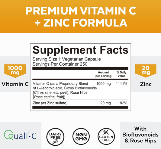 Viva Naturals Vitamin C And Zinc Supplement (250 Capsules) - 1000 Mg Vitamin C With Zinc 20 Mg Antioxidant Supplements For Immune Support, Plant Based Zinc And Vitamin C Supplement For Adults