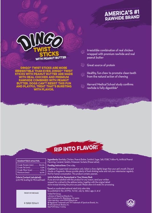 Dingo Twist Sticks With Peanut Butter, Rawhide Chew, 25 Count