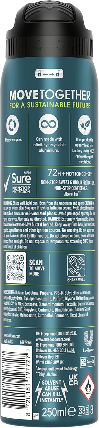 Sure Nonstop Protection Extreme Dry With Motionsense Technology Anti-Perspirant Aerosol Anti-Perspirant Deodorant Spray For 72H Sweat And Odour Protection