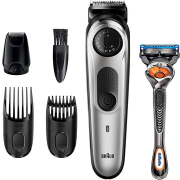 Braun Beard Trimmer Hair Clippers For Men, Cordless & Rechargeable, Mini Foil Shaver With Gillette Proglide Razor, Black/Silver, 6 Piece Set