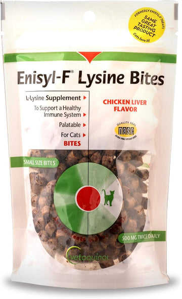 Vetoquinol Enisyl-F Lysine Bites: L-Lysine Chews for Cats & Kittens - Chicken Liver-Flavor, 6.4oz (180g) Reclosable Bag