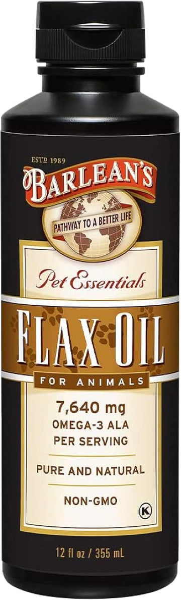 Barlean's Flaxseed Oil for Animals, Pet Essential Liquid Omega 3 Fatty Acids Cat and Dog Oil Supplements for Skin and Coat, Omega 3 for Dogs, Cats and Other Pets, 12 oz