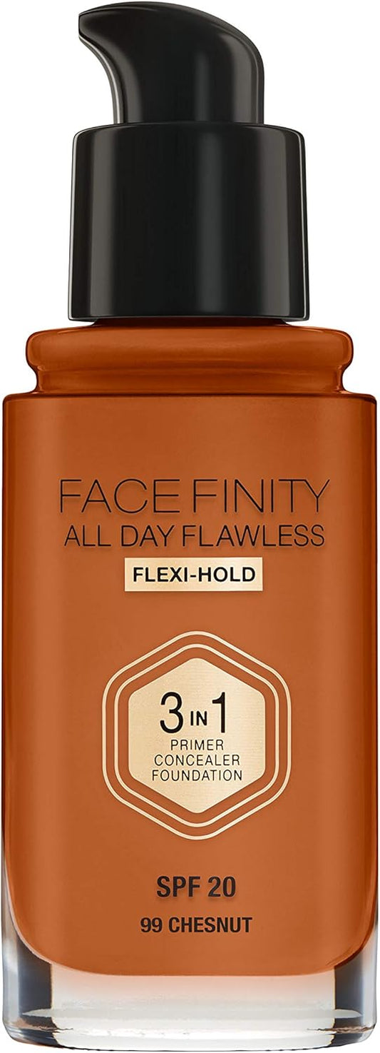 Max Factor Facefinity 3-In-1 All Day Flawless Liquid Foundation, Spf 20 - 99 Chestnut, 30 Ml
