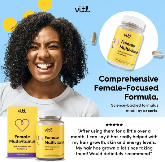 Vitl Female Multivitamin & Minerals Supplement - 30 Vegan Capsules - 21 Essential Active Vitamins & Minerals - With Vitamin D3, Vitamin B, Vitamin C, Vitamin E, Folic Acid & Iron - 1 Month Supply