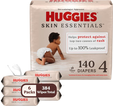 Bundle Of Huggies Size 4 Diapers, Skin Essentials Baby Diapers, Size 4 (22-37 Lbs), 140 Count (2 Packs Of 70) + Huggies Skin Essentials Baby Wipes, 99% Water, 6 Flip Top Packs (336 Wipes Total)