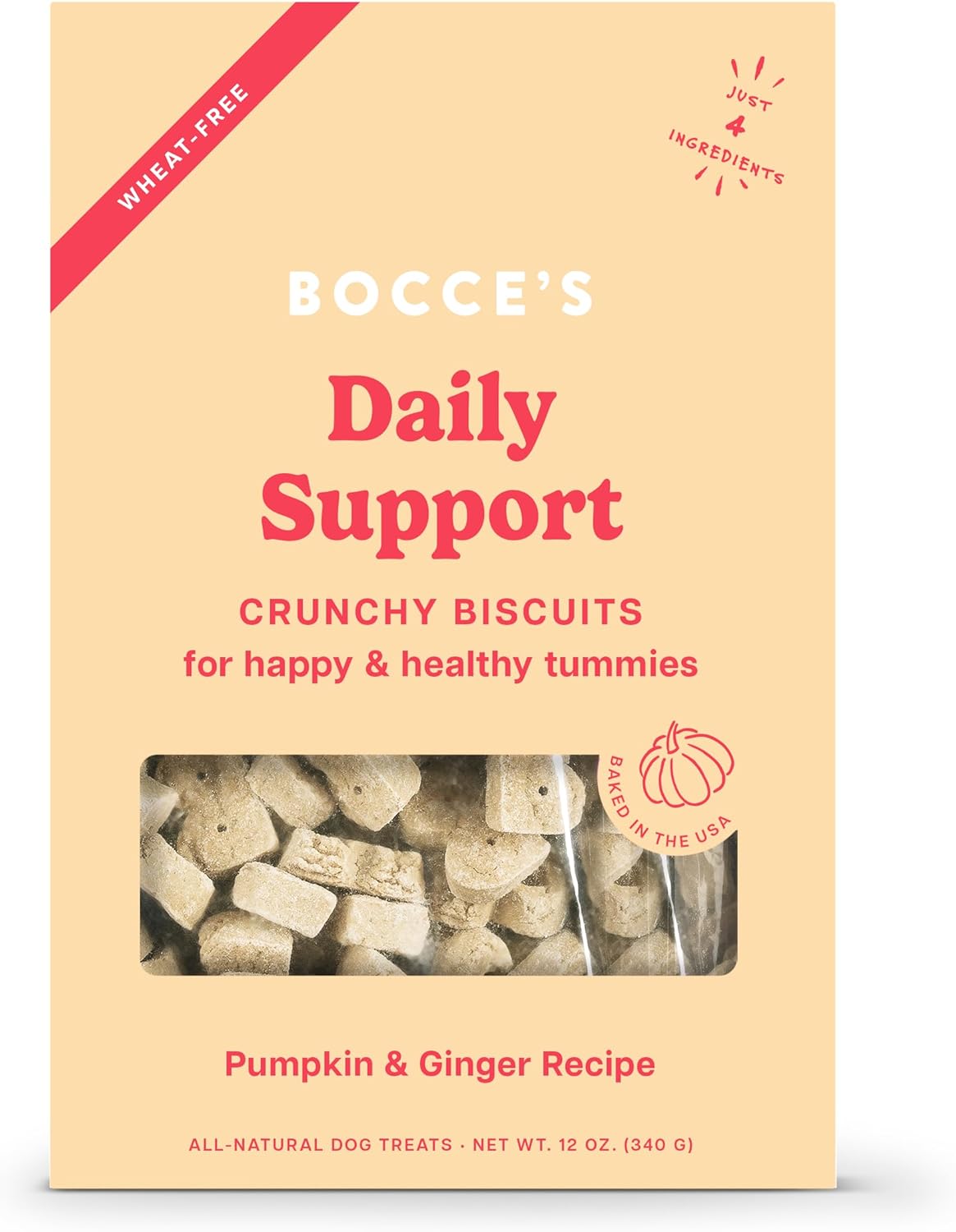 Bocce'S Bakery Belly Daily Support Treats For Dogs, Wheat-Free Dog Treats, Made With Real Ingredients, Baked In The Usa, Supports Digestive Health, All-Natural Pumpkin & Ginger Biscuits, 12 Oz