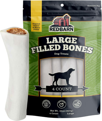 Redbarn Large Filled Dog Bones, Cheese & Bacon Flavor - Long Lasting Stuffed Femur Chew Treat Made In Usa - 4 Count - Packaging May Vary