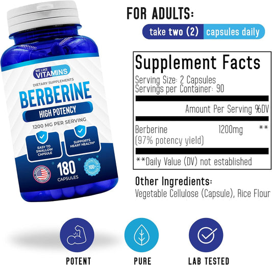 We Like Vitamins Berberine 1200Mg Pure Max Strength - 180 Berberina Gluten-Free Vegetarian Capsules - 1200Mg Per Serving Berberine Supplement, 90 Servings Of Berberine Hcl1200Mg