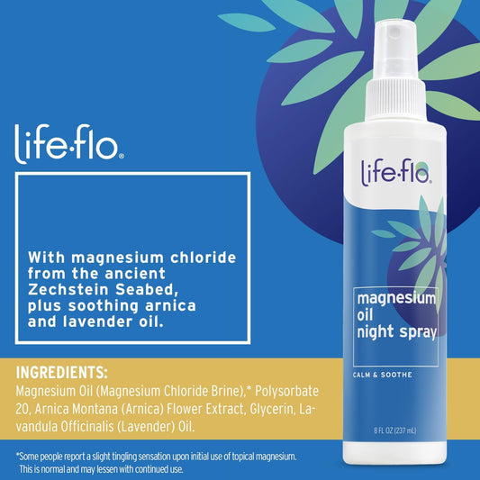 Life-Flo Magnesium Oil Night Spray | Magnesium Chloride from Zechstein Seabed | Massage onto Tired Muscles for Relaxation | with Arnica & Lavender | 8 Oz