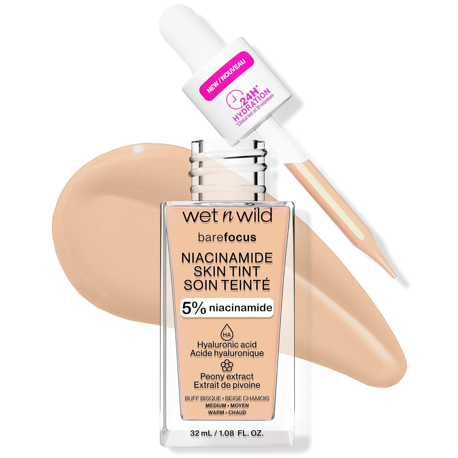 Wet N Wild Bare Focus Skin Tint, 5% Niacinamide Enriched, Buildable Sheer Lightweight Coverage, Natural Radiant Finish, Hyaluronic & Vitamin Hydration Boost, Cruelty-Free & Vegan - Buff Bisque