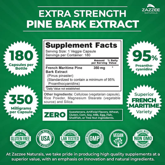 Zazzee Extra Strength French Maritime Pine Bark Extract, 350 Mg Per Capsule, 180 Vegan Capsules, 95% Proanthocyanidins, 6 Month Supply, Concentrated And Standardized, All-Natural And Non-Gmo