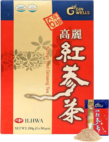 ILHWA Korean Red Ginseng Tea (150g, 0.11oz X 50 sachets) - 6 Years Ginseng Granulated. High Ginsenoside Rg1+Rb1+Rg3