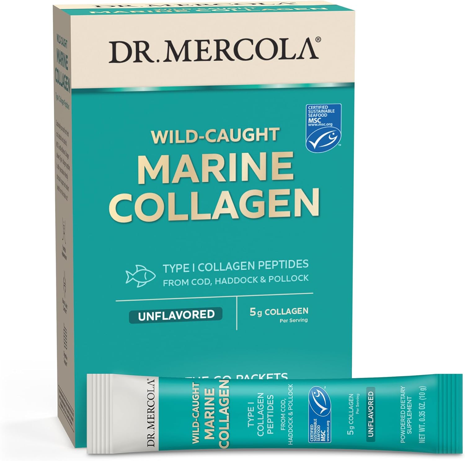Dr. Mercola Marine Collagen Powder Packets, 5G Collagen Per Serving, 15 Servings (15 On-The-Go Packets), Powdered Dietary Supplement, Unflavored, Type 1 Collagen Peptides From Cod, Haddock & Pollock