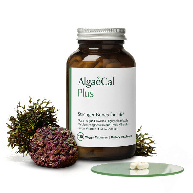 ALGAECAL Plus - Organic Red Algae Calcium Supplement, Vitamin K2 MK7 (100mg), Vitamin D3 (1600 IU), Magnesium (350mg) & Trace Minerals, for Bone Health & Strength, Easy to Swallow, 120 Veggie Caps