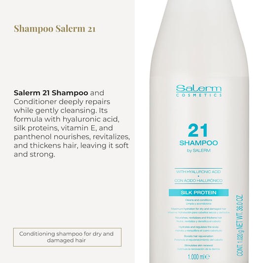 Salerm - Hydrating Shampoo 21 Silk Protein - 1000 Ml - For Dry And Damaged Hair - With Silk Proteins - Nourishes, Repairs, And Revitalizes Hair - Heat Protection