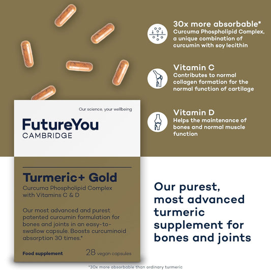 Turmeric+ Gold Supplement – 28 Turmeric Capsules High Strength – Curcumin Capsule Patented Meriva Formulation With Vitamins C & D – Tablets For Bones, Joints & Muscles By Futureyou Cambridge