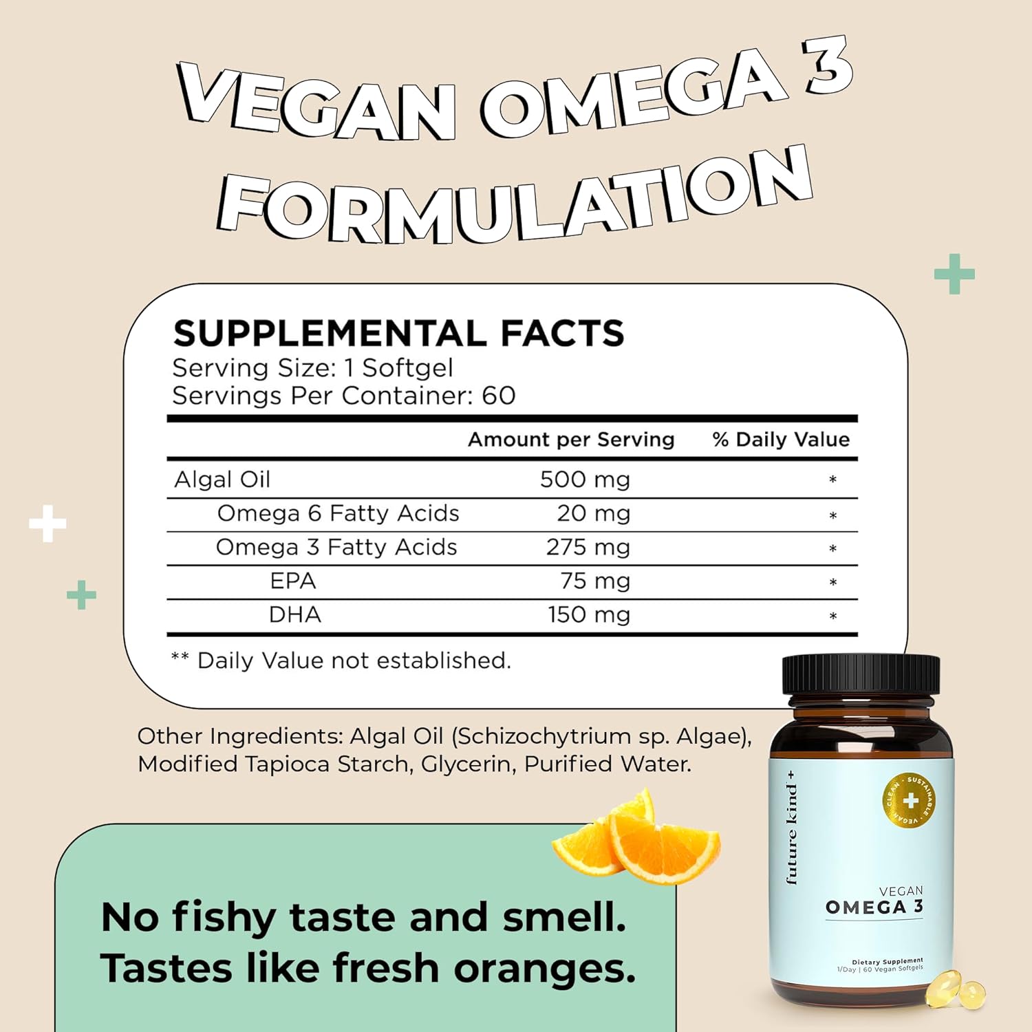 Future Kind Vegan Omega 3 Supplement - Glass Bottle, Carrageenan-Free Algae, Dha & Epa For Joint & Mood Support - 2 Month Supply For Kids & Adults : Health & Household