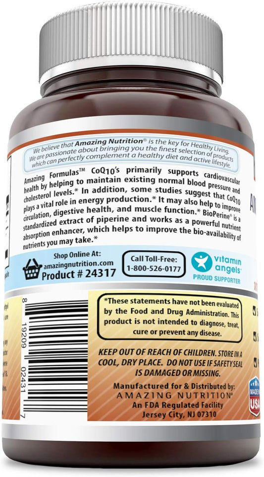 Amazing Formulas CoQ10 with Bioperine - 60 Softgels (Non-GMO) - Supports Cardiovascular & Circulatory Health - Supports Energy Production - Promotes Digestive Health & Muscle Function. (400 mg)