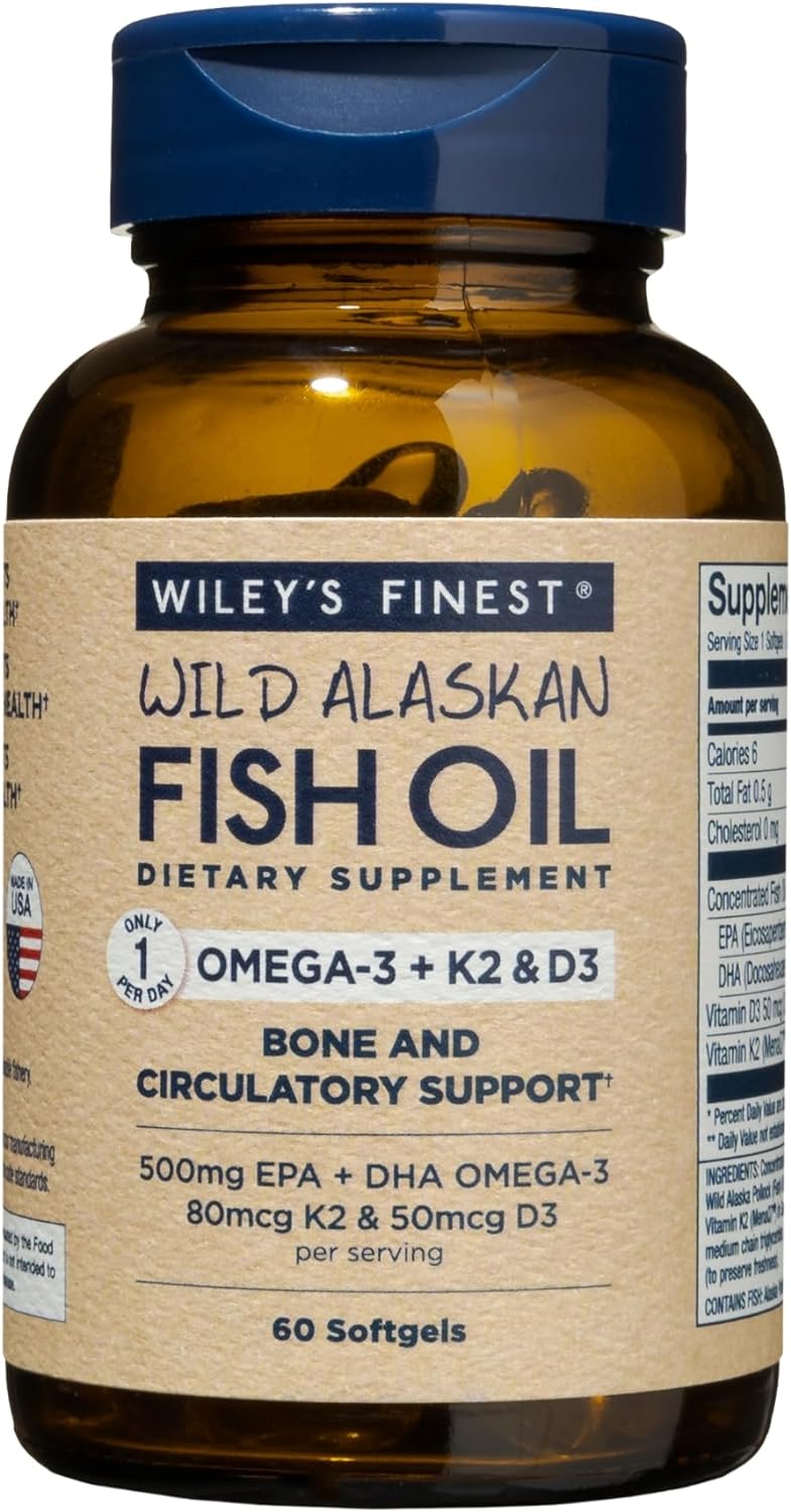 Wiley's Finest Wild Alaskan Fish Oil Vitamin K2 Softgels - 500mg of EP