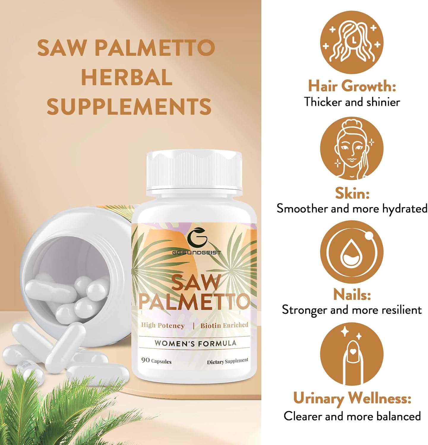 Gesundgeist Saw Palmetto For Women Hair Loss - Dht Blocker With 5-In-1 Blend For Hair Growth, Skin & Nails, Urinary Wellness - Extra Strength Saw Palmetto Supplement - 90 Capsules : Health & Household