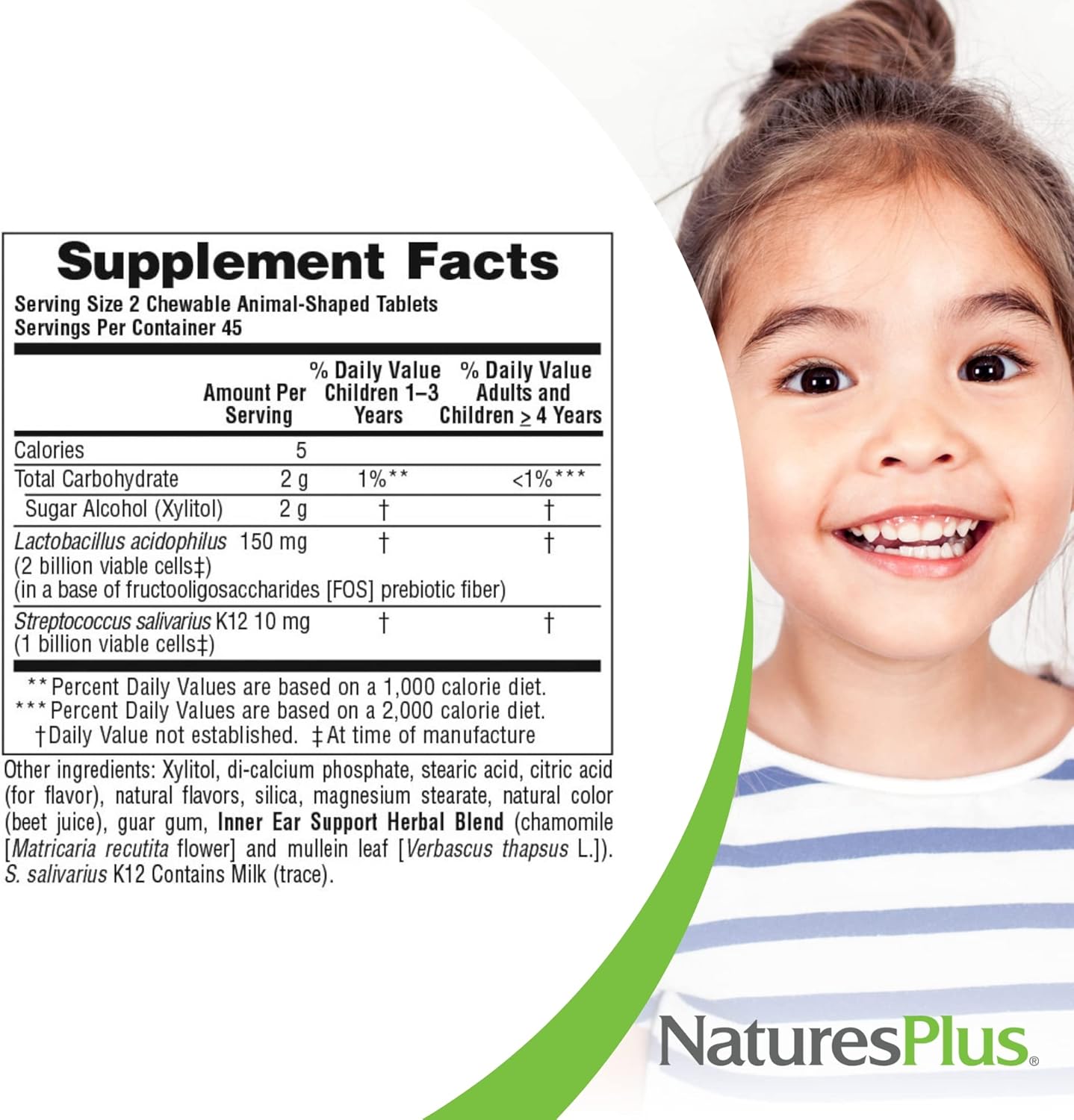 Natures Plus Animal Parade Inner Ear Support Children’S Chewable - Natural Cherry Flavor - 90 Animal-Shaped Tablets - Probiotic Supplement - Gluten Free - 45 Servings