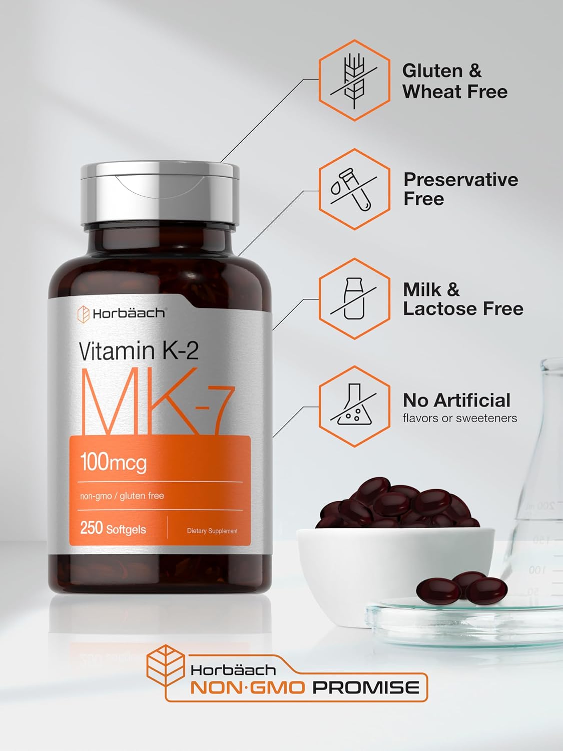 Horbäach Vitamin K2 Mk7 100Mcg | 250 Softgels | Non-Gmo, Gluten Free Supplement : Health & Household