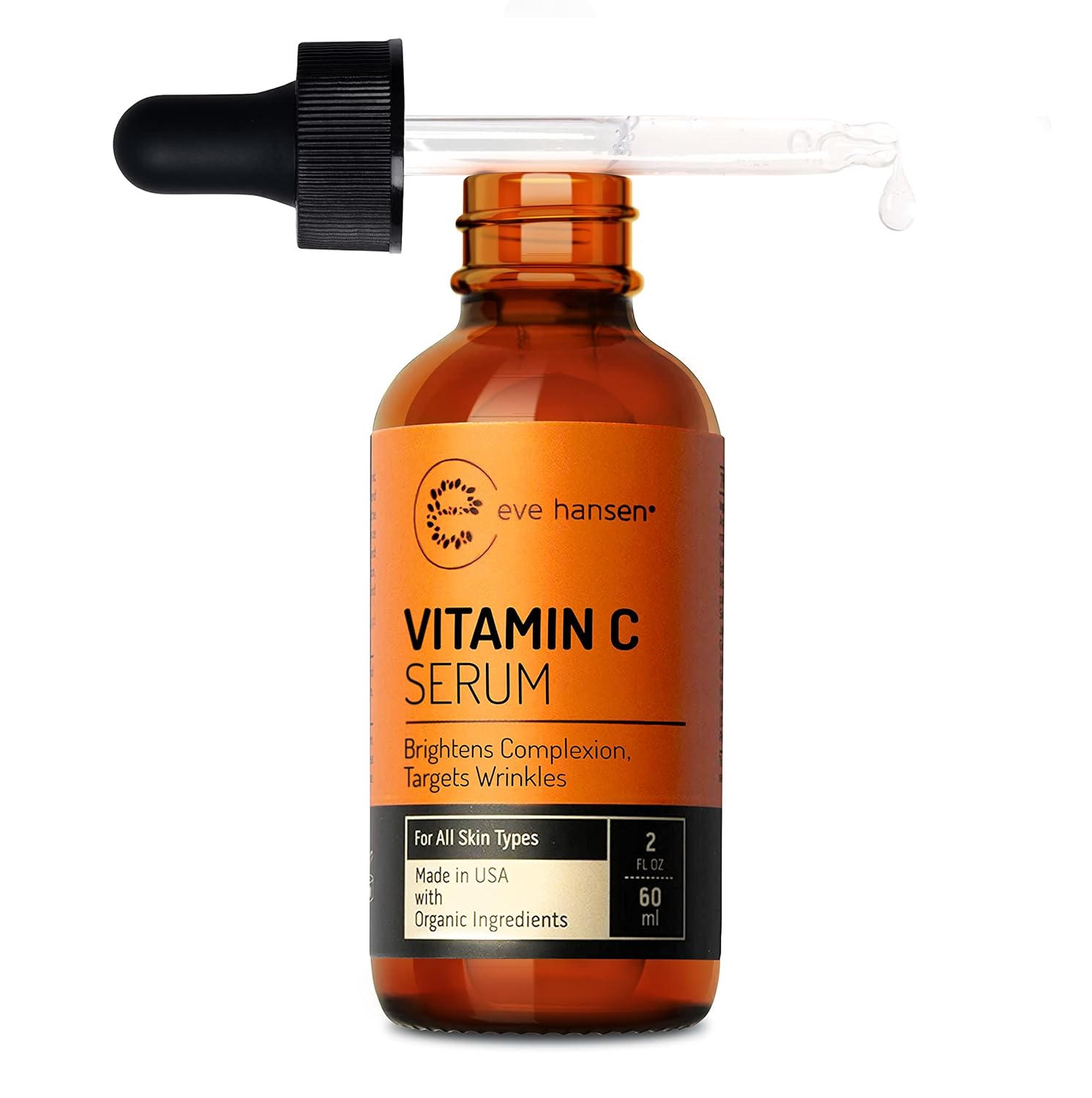 Eve Hansen Vitamin C Facial Serum - 76% Organic Antioxidant Serum For Face With Hyaluronic Acid, Vitamin E, And Aloe Vera - Hydrating And Rejuvenating Skin Care 2 Oz