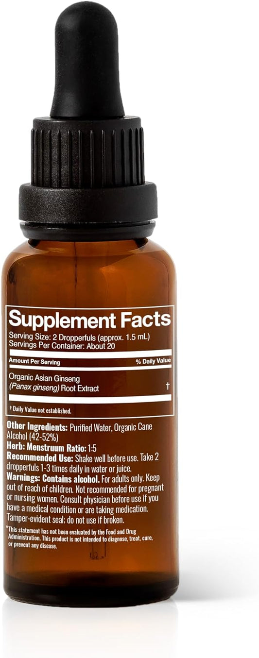 Plant Therapy Organic Asian Ginseng Root Herbal Supplement Tincture 30 mL (1 oz) Great for Energy, Encourages Mental Focus, Vegan, Non GMO, Gluten Free, Liquid, 1 Bottle