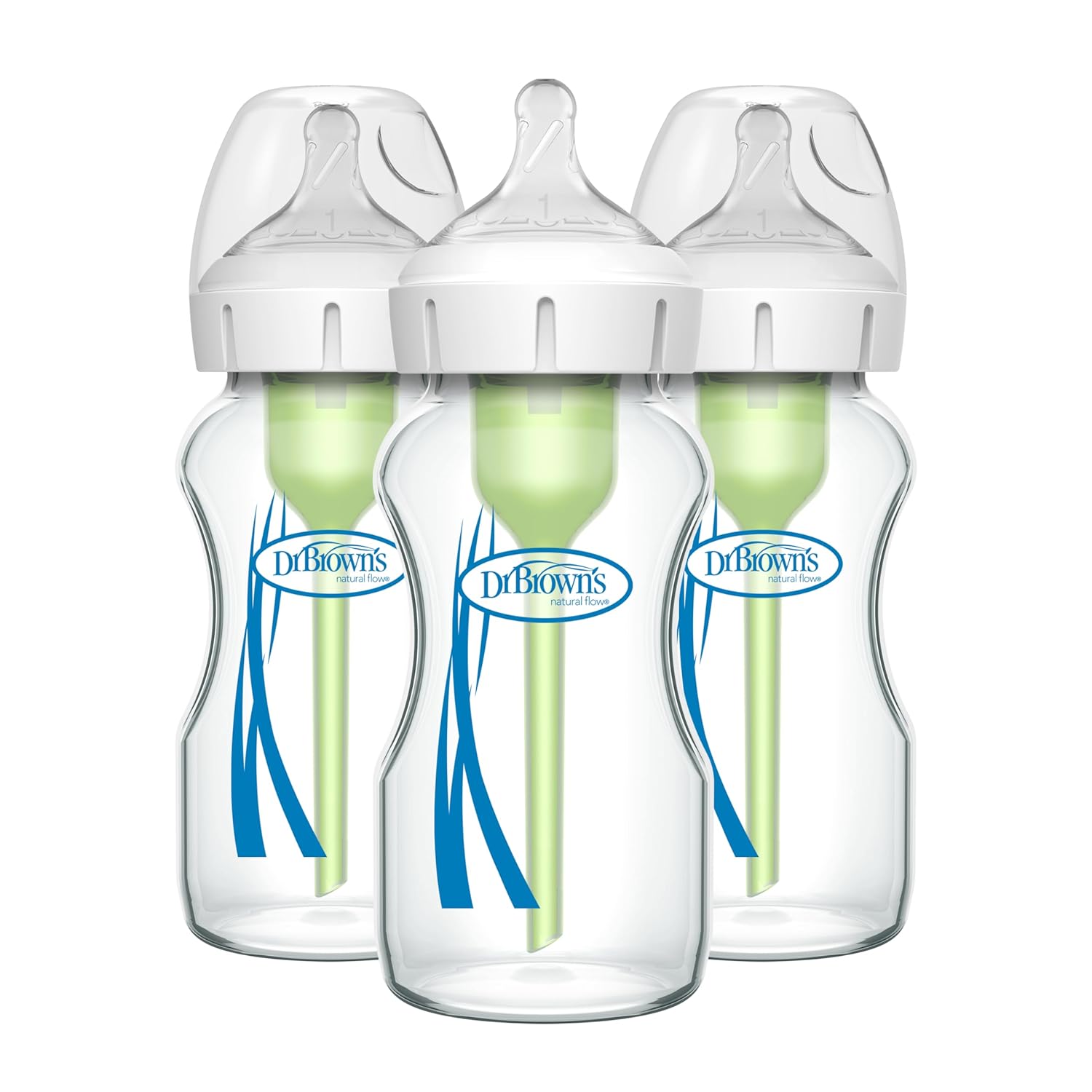 Dr. Brown'S Natural Flow Anti-Colic Options+ Wide-Neck Glass Baby Bottles 9 Oz/270 Ml, With Level 1 Slow Flow Nipple, 3 Pack, 0M+