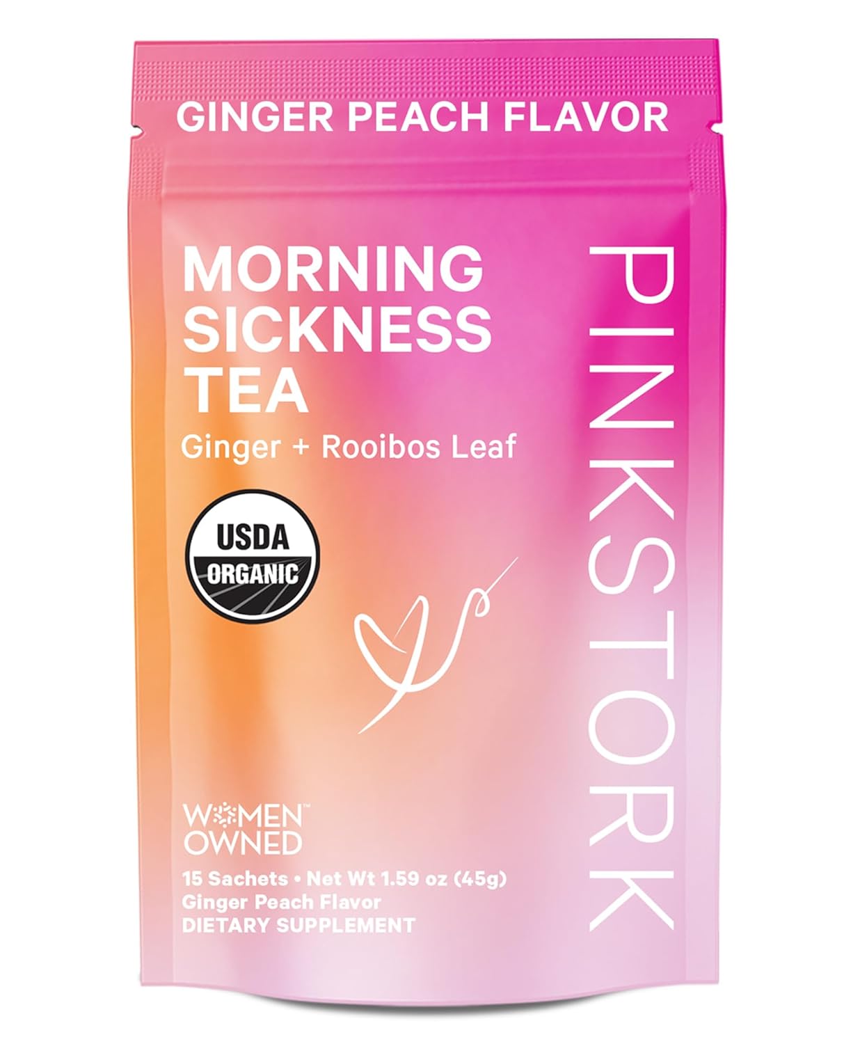 Pink Stork Organic Morning Sickness Pregnancy Tea - Hot Or Iced Tea - Prenatal Heartburn, Indigestion, And Constipation Support - 1St Trimester Pregnancy Must Haves - Ginger Peach, 15 Sachets