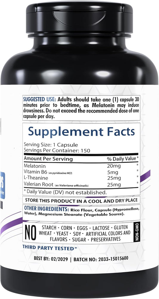 Melatonin 20Mg | 150 Veg Capsules | Complex With L-Theanine | Valerian Root & Vitamin B6 | Vegetarian Formula | Non-Gmo | Gluten-Free | Made In The Usa