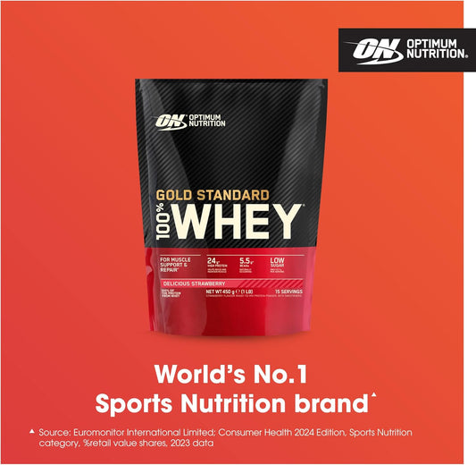 Optimum Nutrition Gold Standard 100% Whey Muscle Building And Recovery Protein Powder With Naturally Occurring Glutamine And Bcaa Amino Acids, Delicious Strawberry Flavour, 15 Servings, 450 G