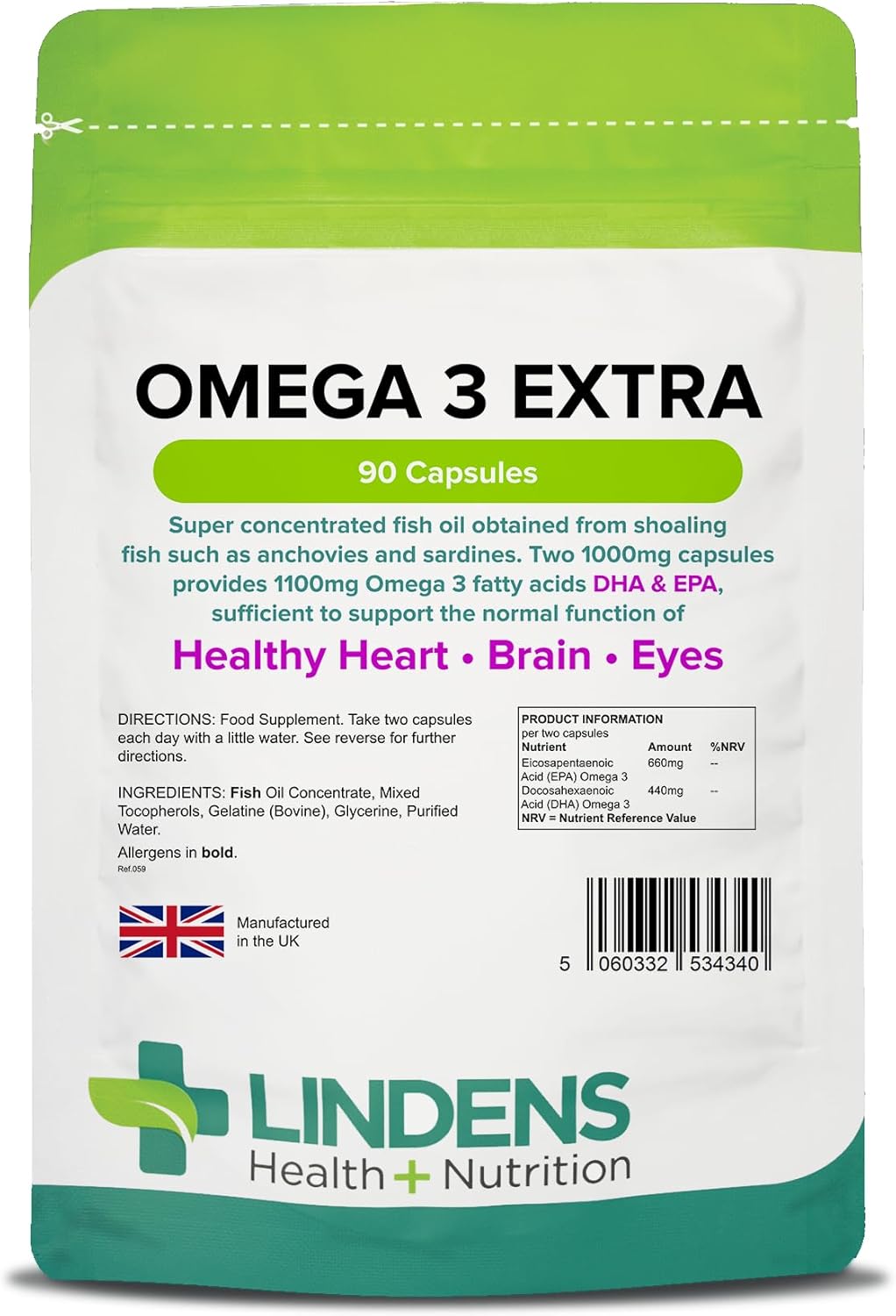 Lindens - Omega 3 Extra Fish Oil 1000Mg - 90 Capsules - Uk Made - 1100Mg Omega 3 Fatty Acids Dha & Epa - Supports Brain, Heart & Eye Health, Joint Health, Letterbox Friendly