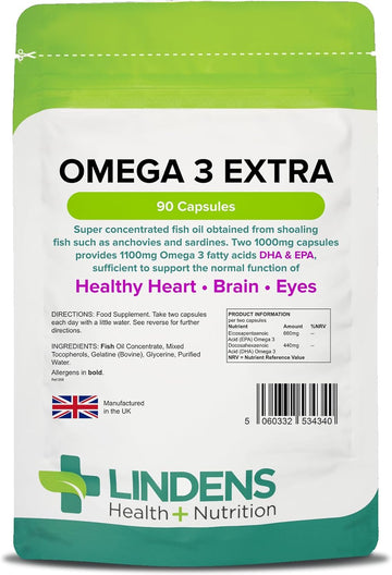 Lindens - Omega 3 Extra Fish Oil 1000Mg - 90 Capsules - Uk Made - 1100Mg Omega 3 Fatty Acids Dha & Epa - Supports Brain, Heart & Eye Health, Joint Health, Letterbox Friendly