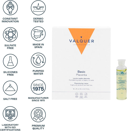 Valquer Professional Placenta Hair Lotion Combat Dandruff, Fat, Seborrhoea And Autumn Hair Bubbles Sulfate- Hair Stimulant 12 X 15 Ml