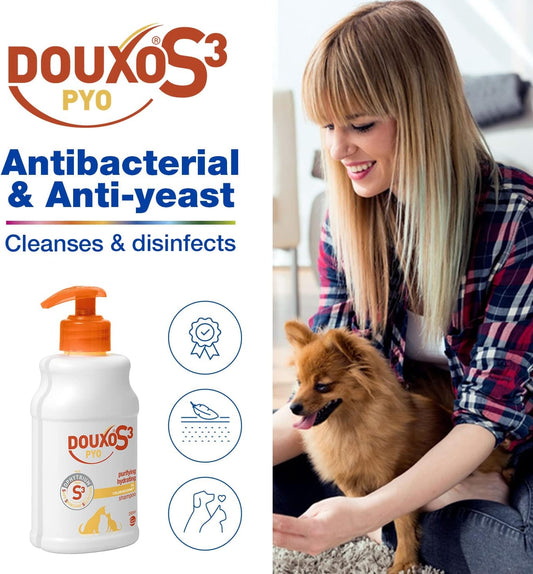 Douxo S3 Pyo Shampoo, Antibacterial & Anti-Yeast Shampoo For Dogs & Cats, Yeast Overgrowth Shampoo For Dogs, Vet Recommended Cat & Dog Disinfecting Shampoo, Chlorhexidine For Dogs, 200Ml