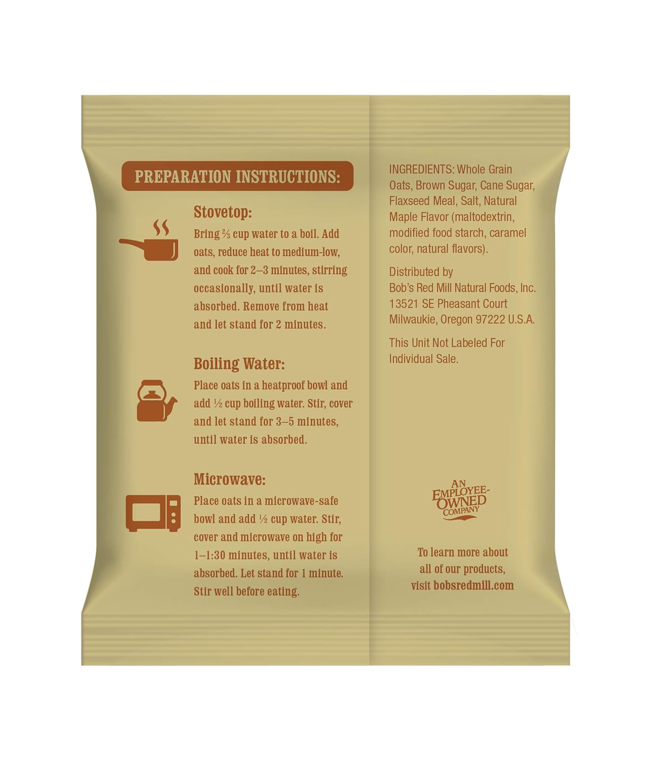 Bob's Red Mill Instant Oatmeal Packets, Maple Brown Sugar, 8 Packets Total (1 Box/8 Packets per Box), Non-GMO, Gluten Free, 100% Whole Grain : Grocery & Gourmet Food