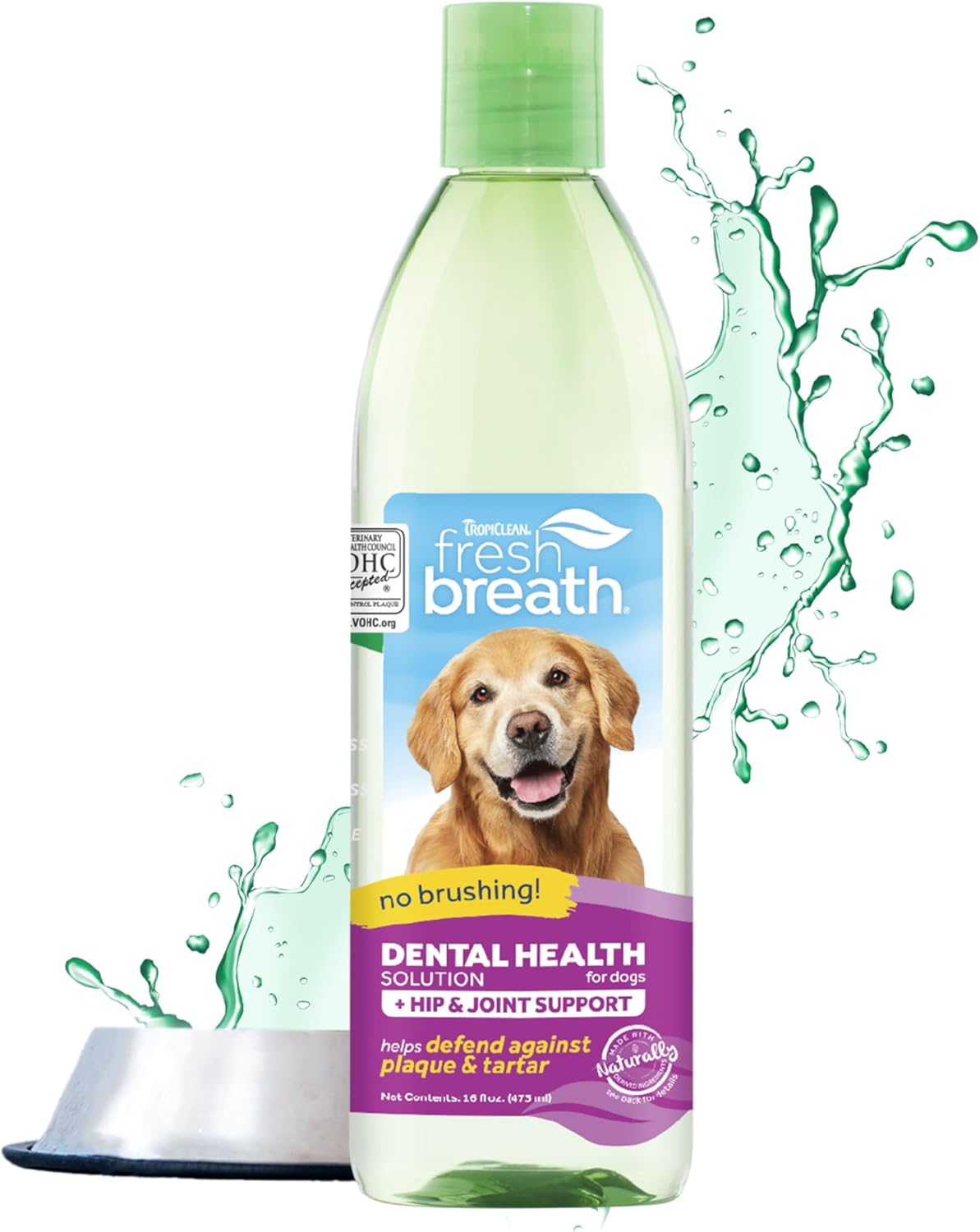 TropiClean Fresh Breath Dog Teeth Cleaning – Dog Dental Care for Bad Breath - Breath Freshener - Water Additive Mouthwash – Helps Remove Plaque Off Dogs Teeth, Hip & Joint Support, 473ml?FBHJWA16Z