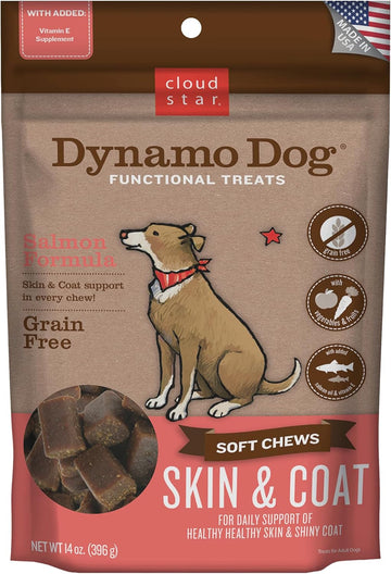 Cloud Star Dynamo Dog Skin & Coat Soft Chews Grain Free Dog Treats, Salmon, 14 Oz. Pouch