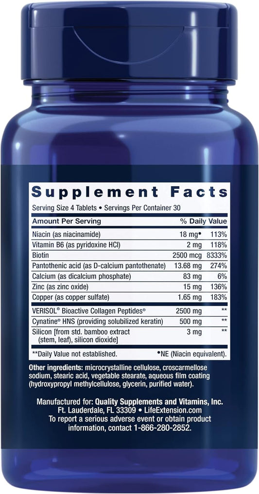 Life Extension Hair, Skin & Nails Collagen Plus Formula - Promotes Collagen & Keratin Health - With Niacin, Vitamin B6, Biotin, Calcium & Zinc - Non-Gmo – 120 Count(Pack Of 1)