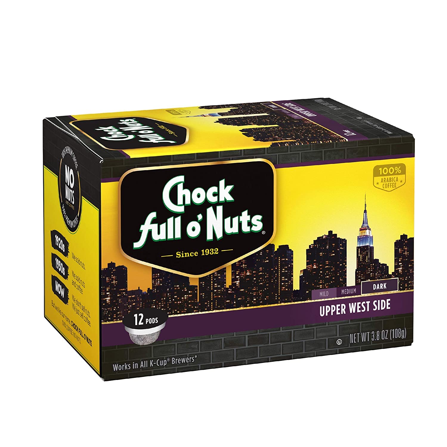 Chock Full o’Nuts Upper West Side Dark Roast, K-Cup Compatible Pods – Arabica Coffee in Eco-Friendly Keurig-Compatible Single Serve Cups, 12 Count (Pack of 1)