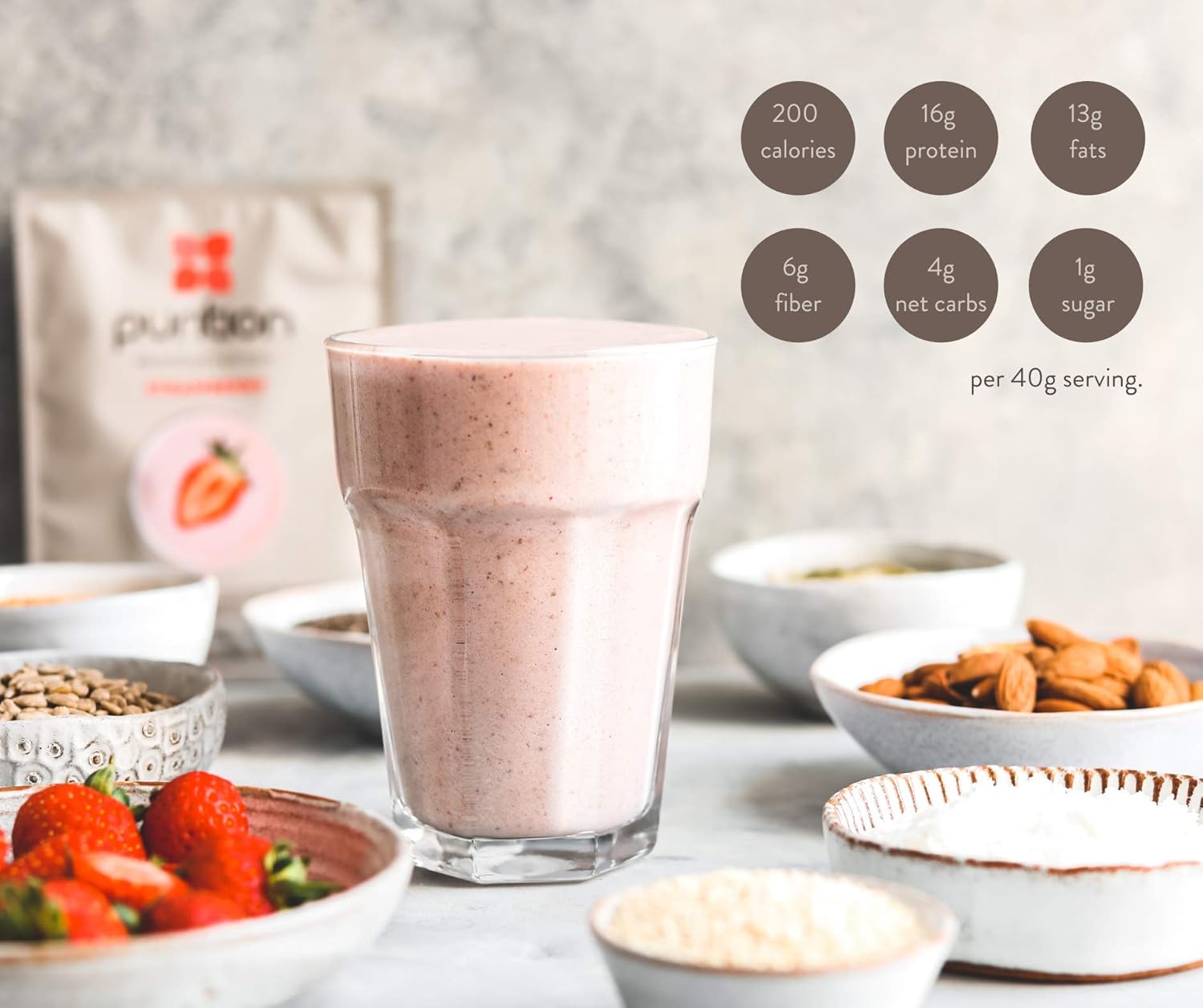 Purition Strawberry - Natural, Gluten Free, High Protein, Keto, Meal Replacement Shake for healthy weight management. : Amazon.co.uk: Health & Personal Care