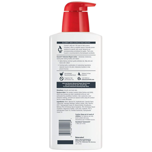 Eucerin Intensive Repair Body Lotion For Dry Skin With Alpha Hydroxy, Body Moisturizer For Very Dry Skin, Moisturizes, Exfoliates And Conditions, Paraben Free And Fragrance Free, 16.9 Fl Oz Bottle